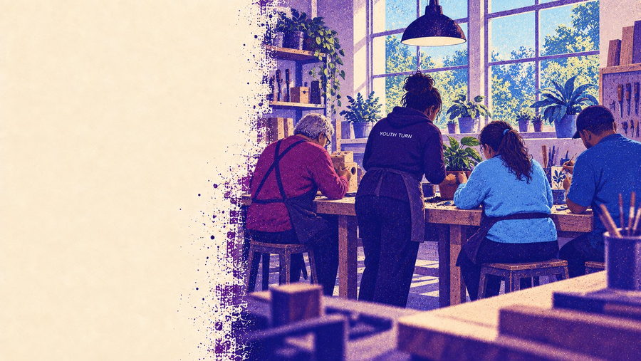 Illustratie: volwassenen en een begeleider aan het werk in de werkplaats van de dagbesteding, gezien van achteren