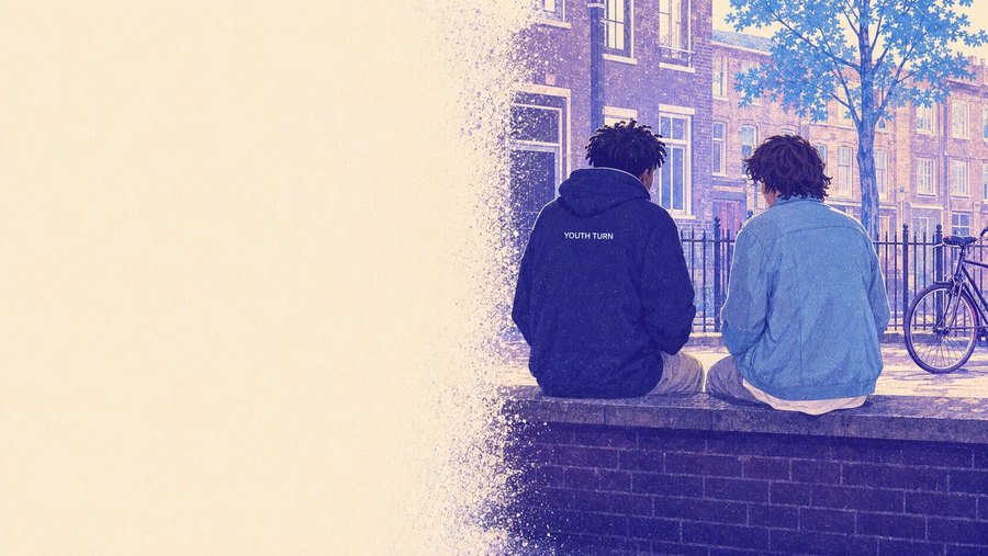 Illustratie: twee jongeren zitten op een muurtje in een Nederlandse straat, gezien van achteren