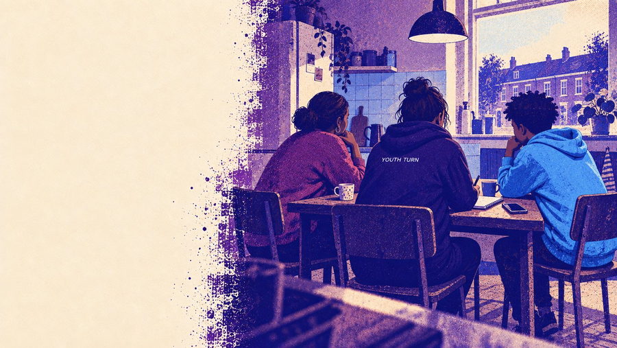 Illustratie: een jeugdwerker zit met een ouder en een jongere aan de keukentafel, gezien van achteren