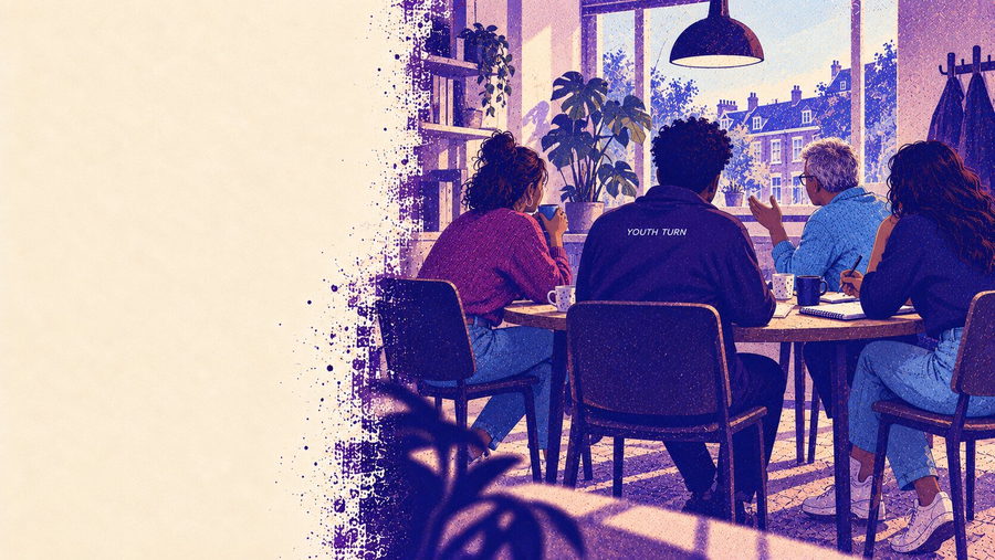 Illustratie: collega-begeleiders van Youth Turn aan tafel bij een teamoverleg, gezien van achteren